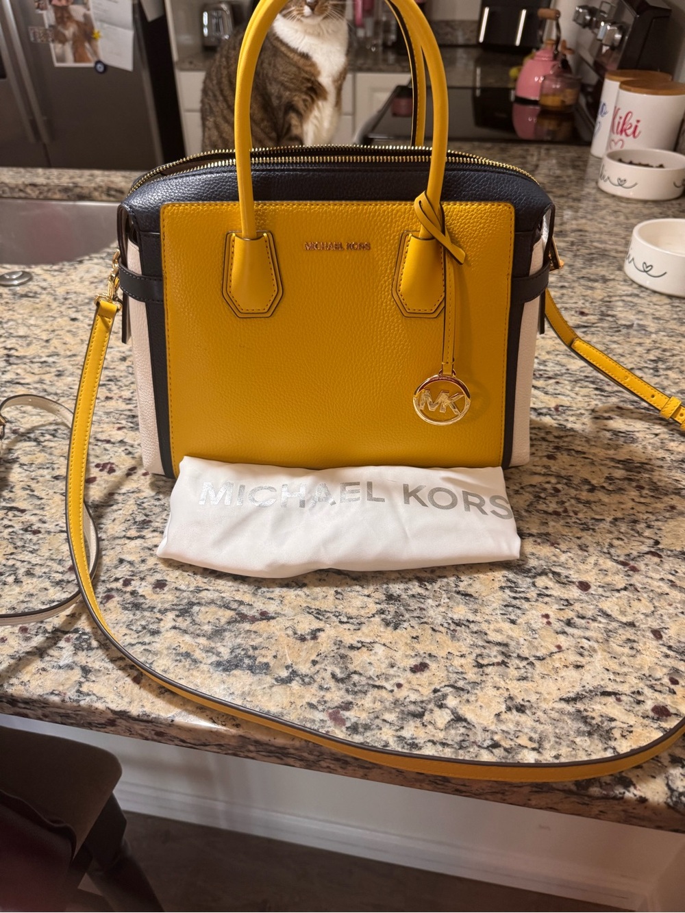 Michael Kors Yellow Black and Cream Pebbled Leather Satchel